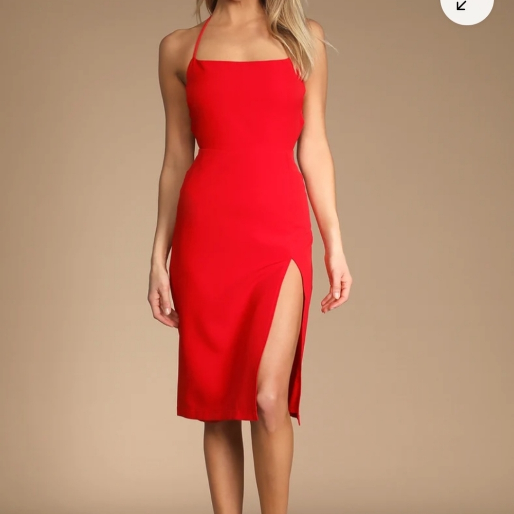 Maple Red Lace-Up Column Midi Dress